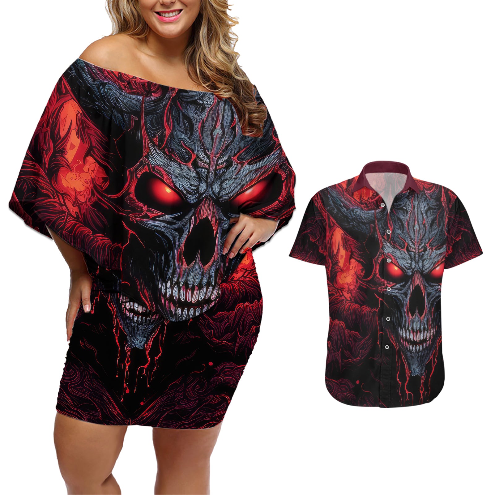 Demon Skull Couples Matching Off Shoulder Short Dress and Hawaiian Shirt You Better Pray I Don't Get Up - Wonder Print Shop