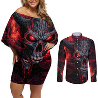 Demon Skull Couples Matching Off Shoulder Short Dress and Long Sleeve Button Shirts You Better Pray I Don't Get Up - Wonder Print Shop