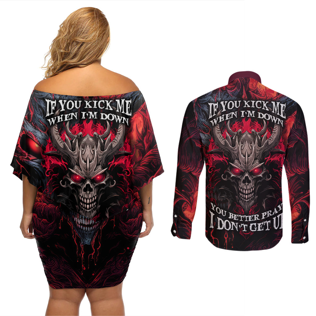 Demon Skull Couples Matching Off Shoulder Short Dress and Long Sleeve Button Shirts You Better Pray I Don't Get Up - Wonder Print Shop