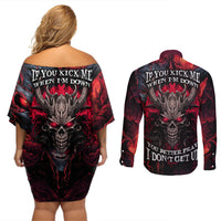 Demon Skull Couples Matching Off Shoulder Short Dress and Long Sleeve Button Shirts You Better Pray I Don't Get Up - Wonder Print Shop