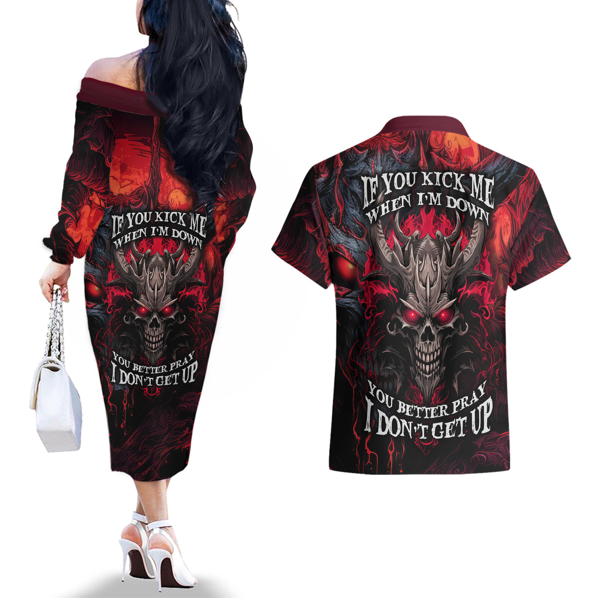 Demon Skull Couples Matching Off The Shoulder Long Sleeve Dress and Hawaiian Shirt You Better Pray I Don't Get Up - Wonder Print Shop