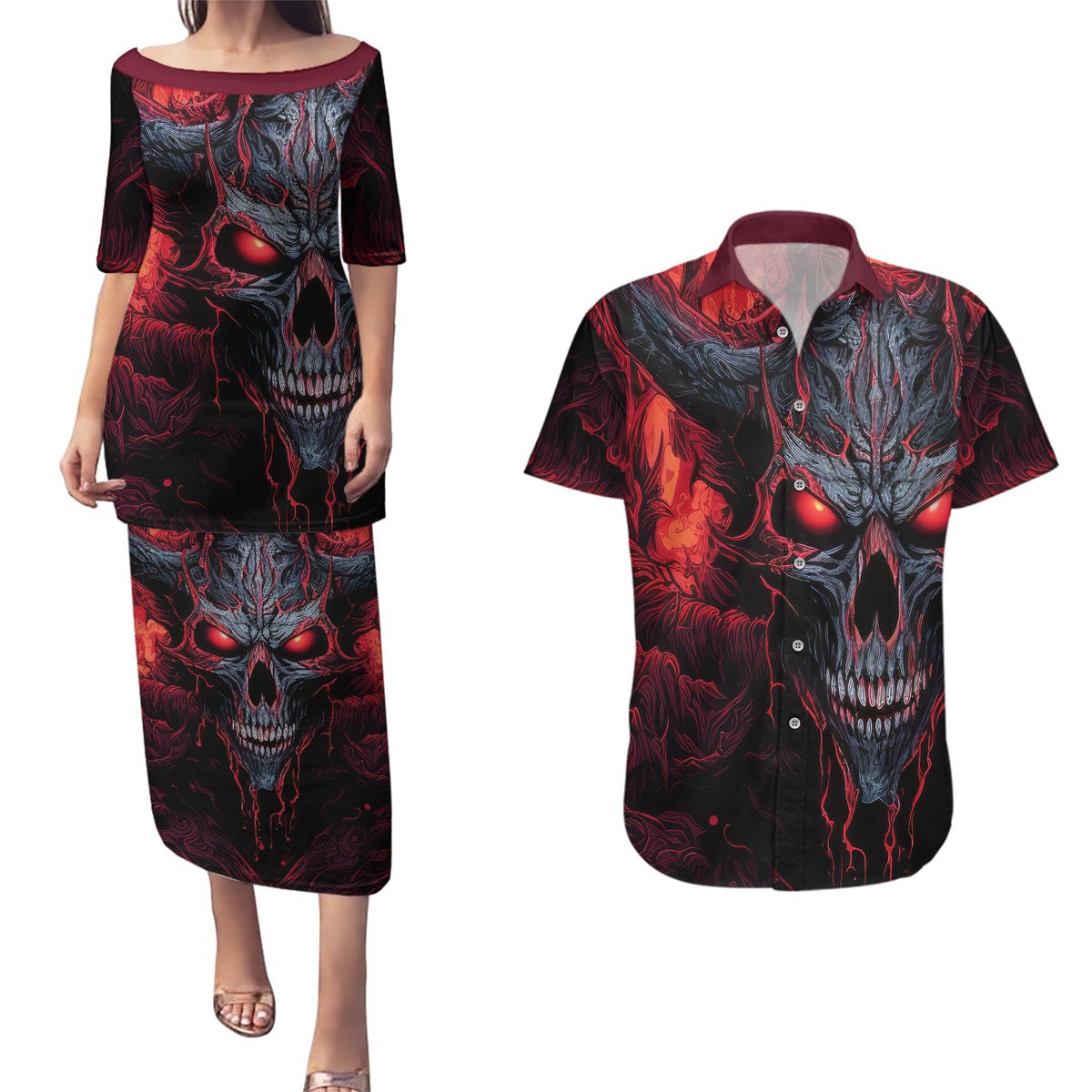 Demon Skull Couples Matching Puletasi Dress and Hawaiian Shirt You Better Pray I Don't Get Up - Wonder Print Shop