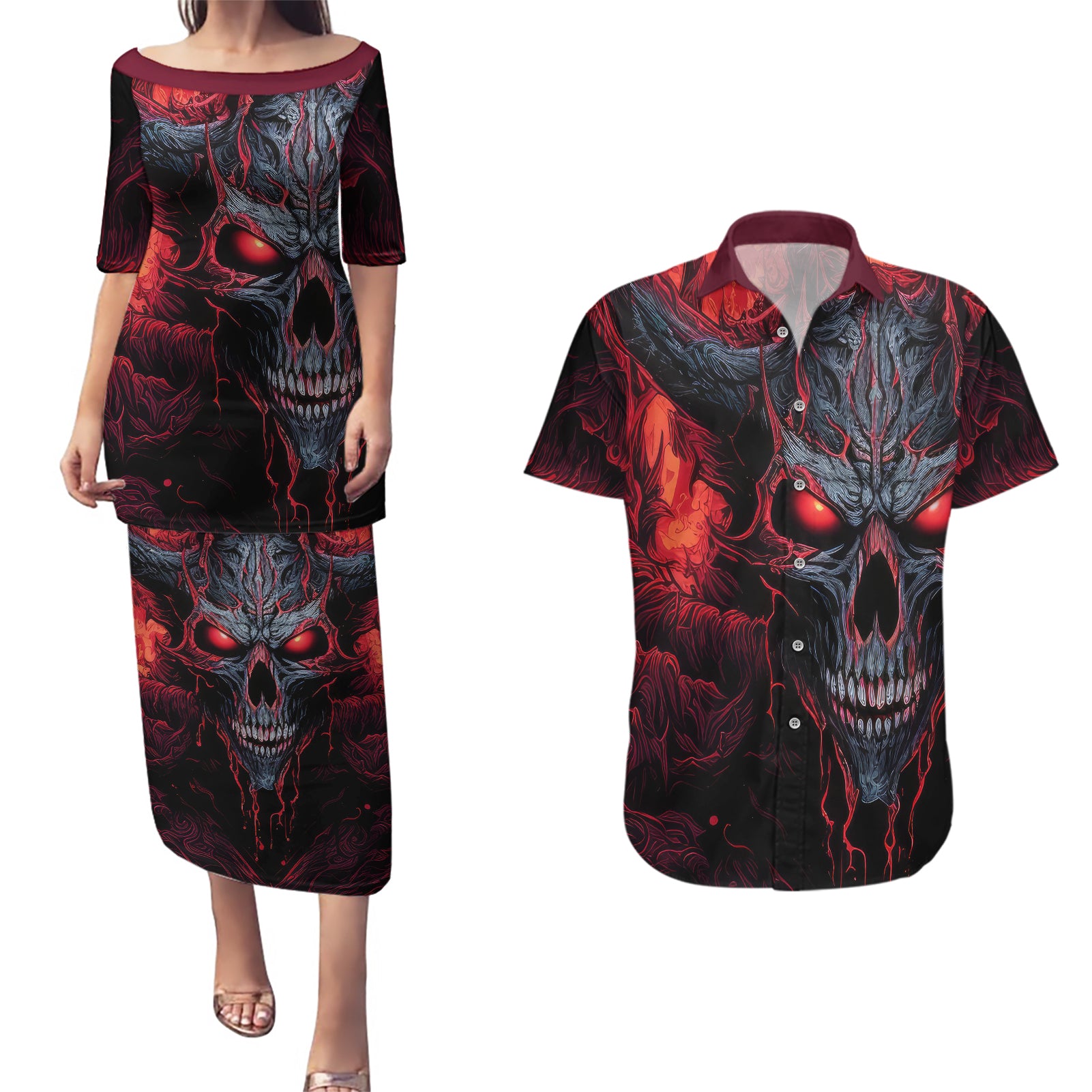 Demon Skull Couples Matching Puletasi Dress and Hawaiian Shirt You Better Pray I Don't Get Up - Wonder Print Shop