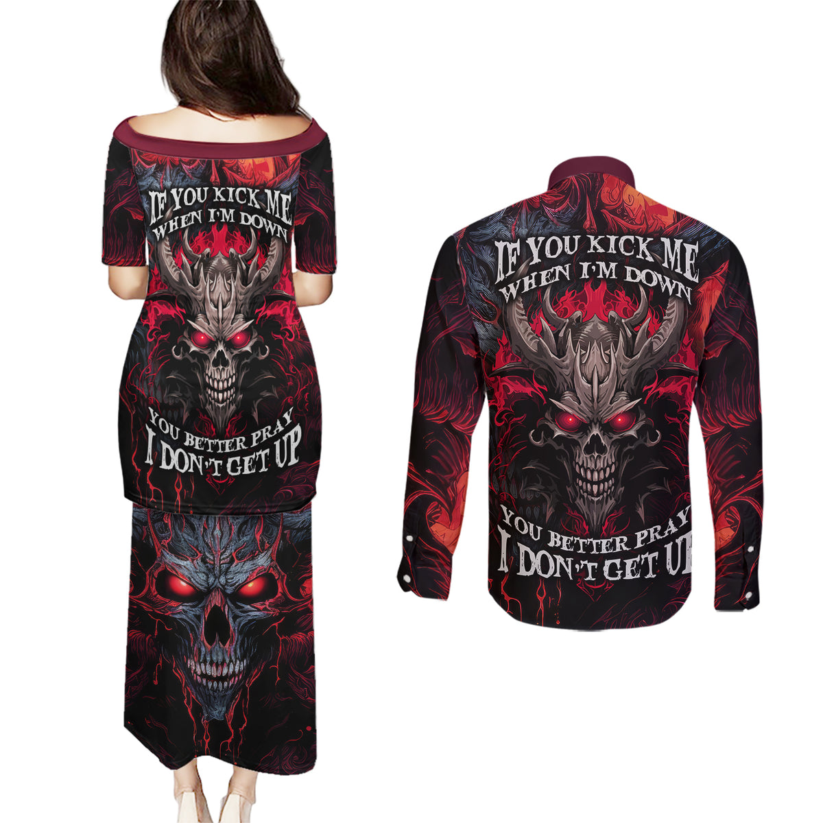 Demon Skull Couples Matching Puletasi Dress and Long Sleeve Button Shirts You Better Pray I Don't Get Up - Wonder Print Shop