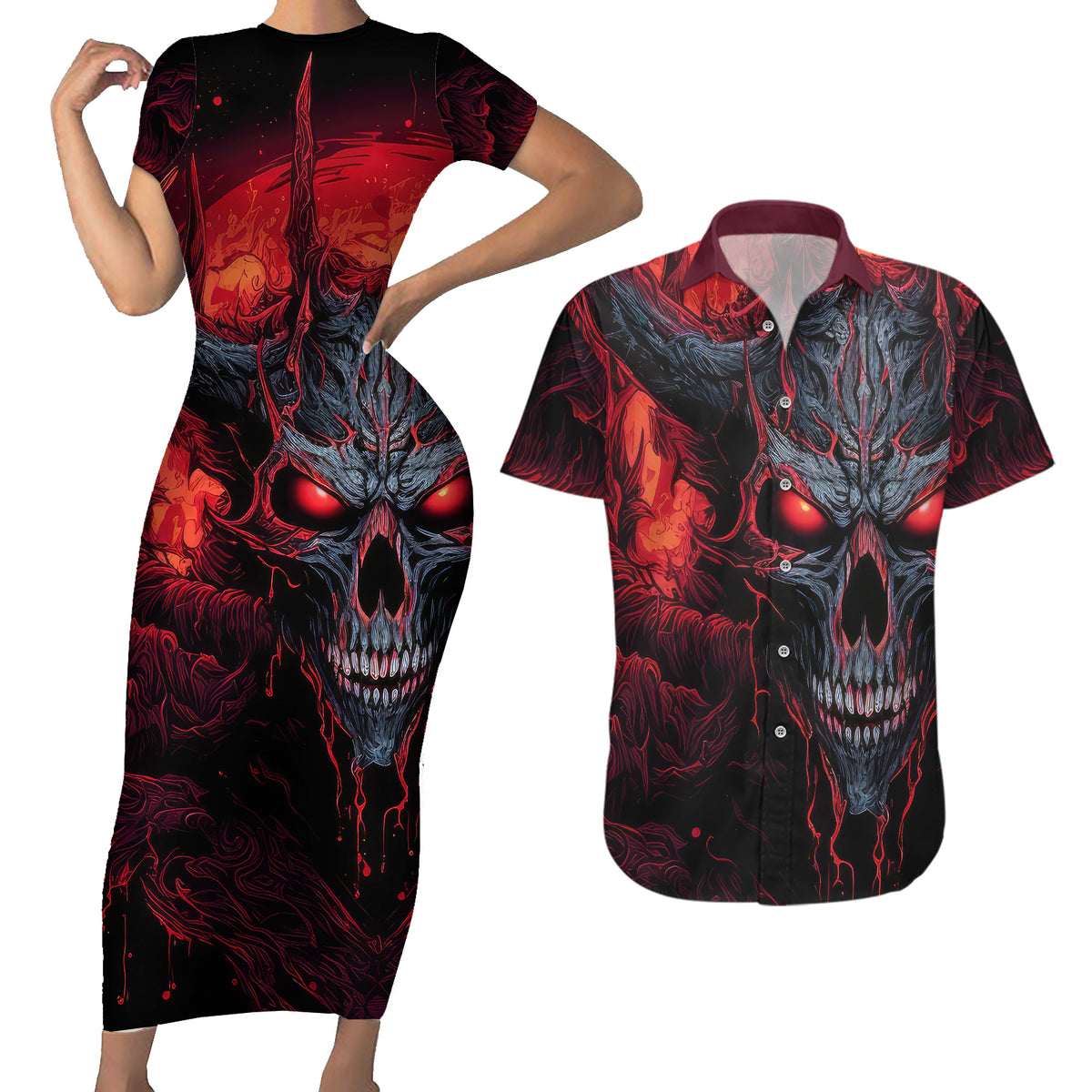 Demon Skull Couples Matching Short Sleeve Bodycon Dress and Hawaiian Shirt You Better Pray I Don't Get Up - Wonder Print Shop