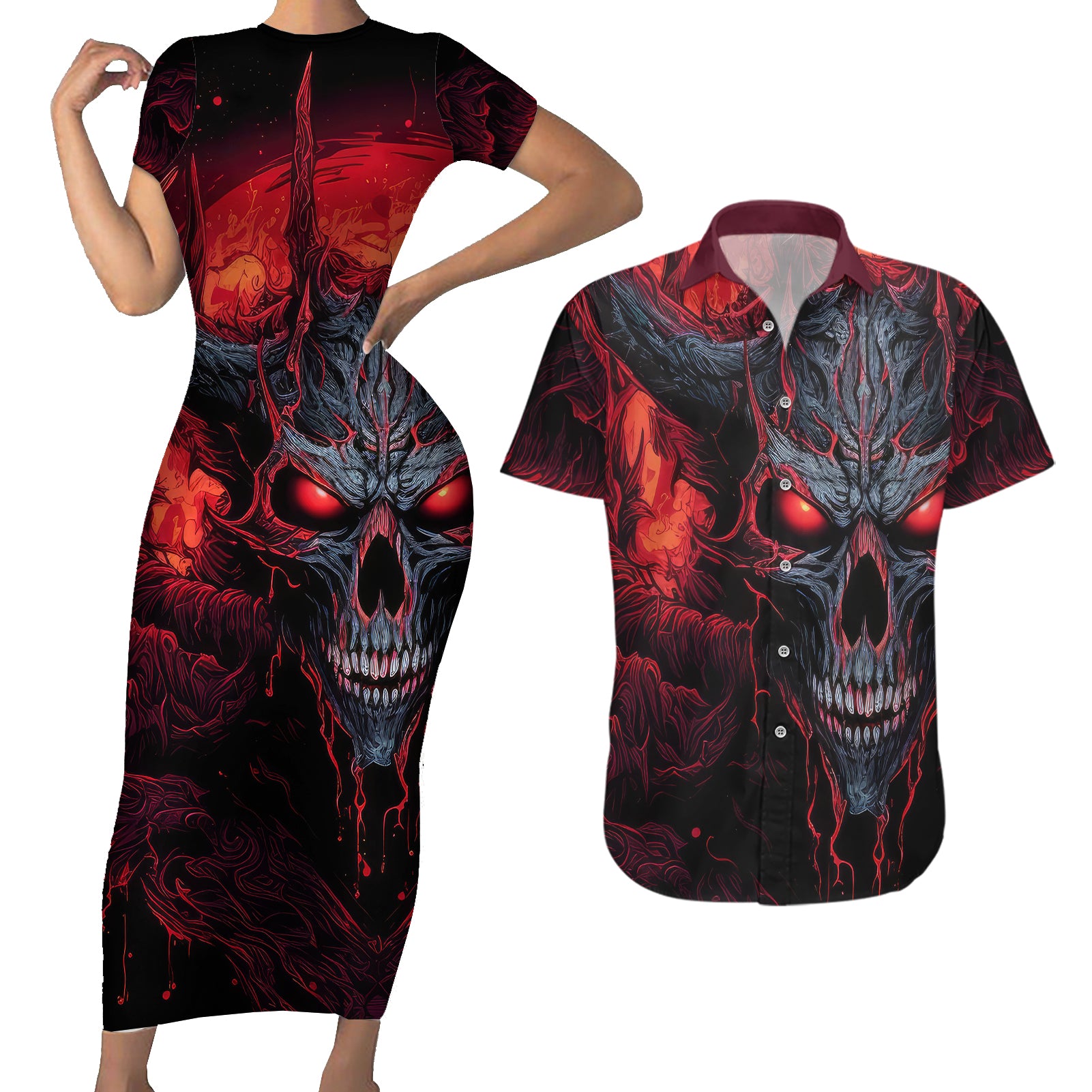 Demon Skull Couples Matching Short Sleeve Bodycon Dress and Hawaiian Shirt You Better Pray I Don't Get Up - Wonder Print Shop