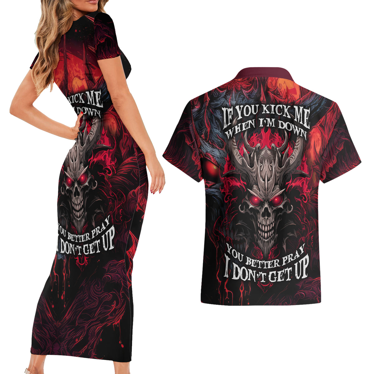 Demon Skull Couples Matching Short Sleeve Bodycon Dress and Hawaiian Shirt You Better Pray I Don't Get Up - Wonder Print Shop