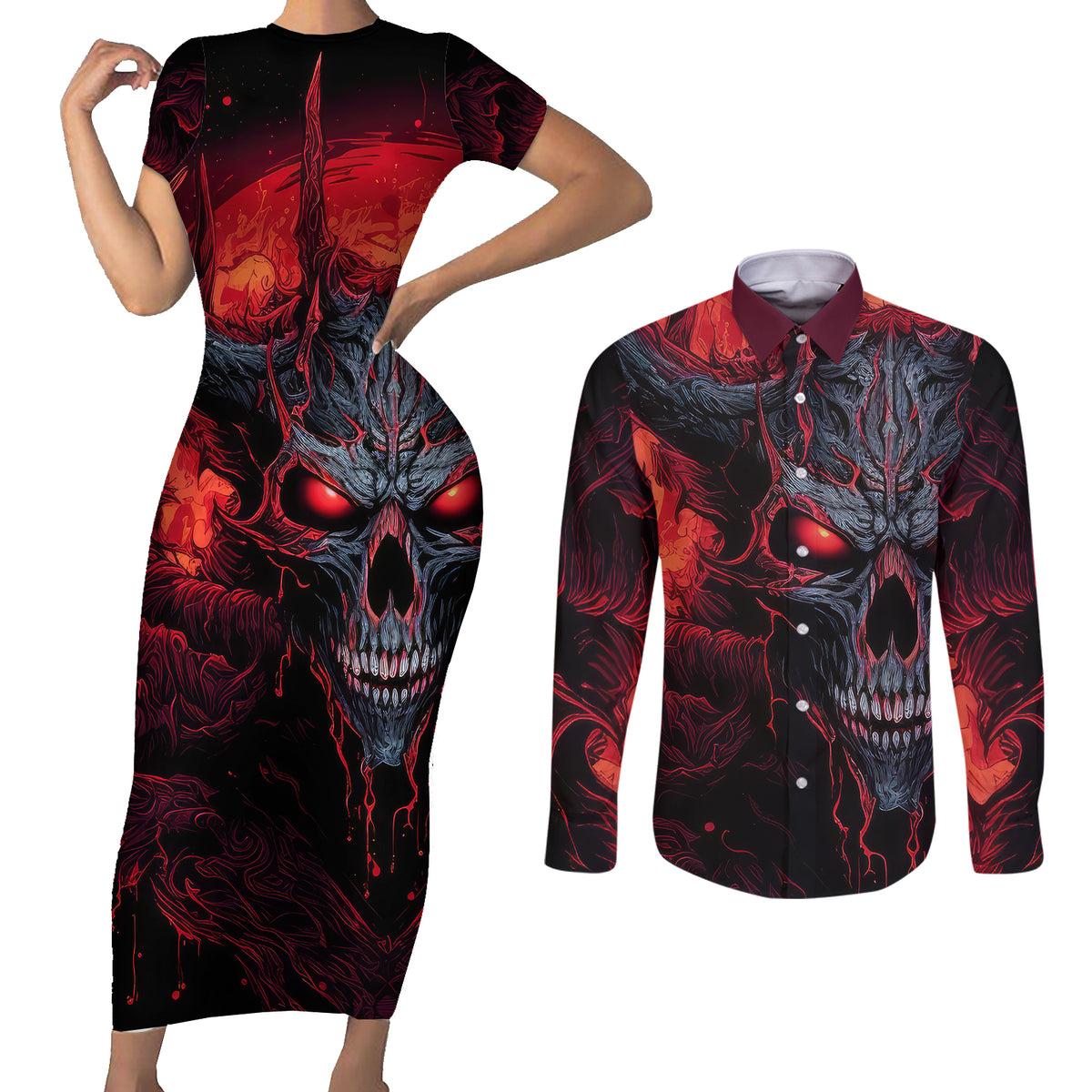 Demon Skull Couples Matching Short Sleeve Bodycon Dress and Long Sleeve Button Shirts You Better Pray I Don't Get Up - Wonder Print Shop