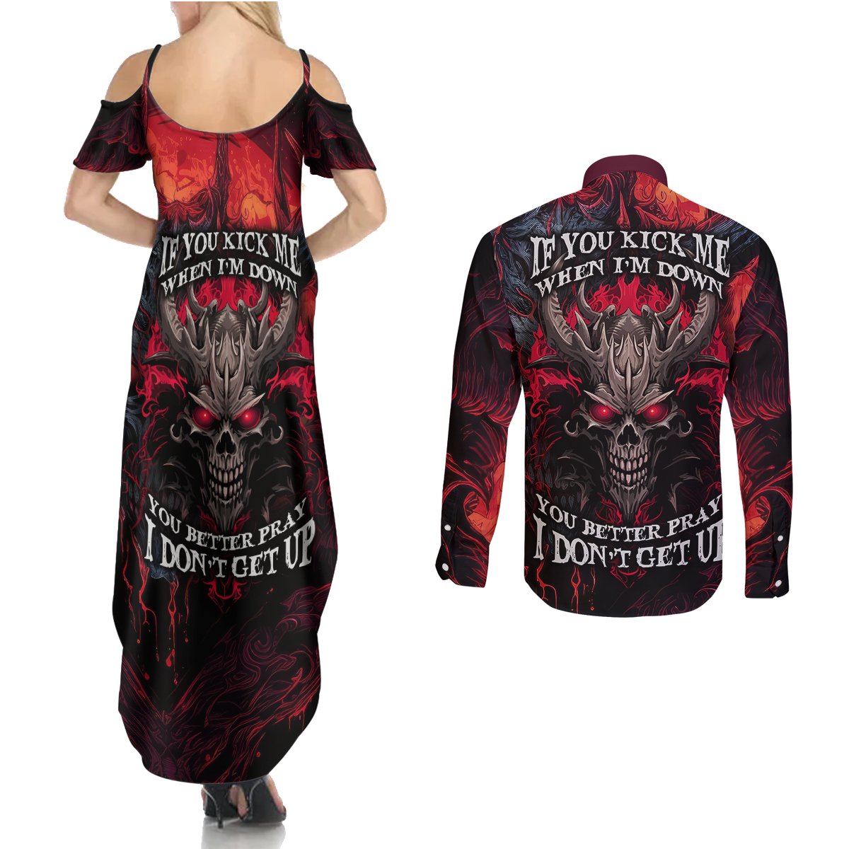 Demon Skull Couples Matching Summer Maxi Dress and Long Sleeve Button Shirts You Better Pray I Don't Get Up - Wonder Print Shop