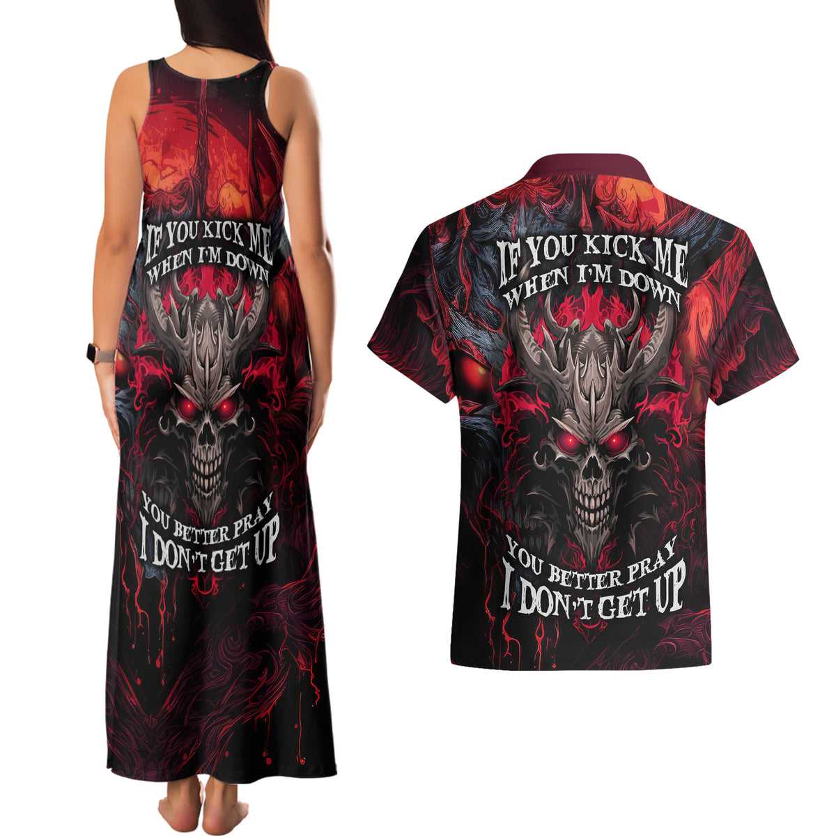Demon Skull Couples Matching Tank Maxi Dress and Hawaiian Shirt You Better Pray I Don't Get Up - Wonder Print Shop