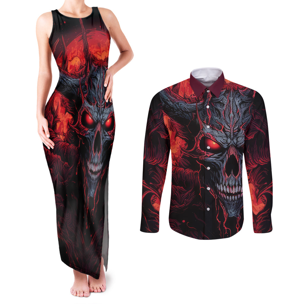 Demon Skull Couples Matching Tank Maxi Dress and Long Sleeve Button Shirts You Better Pray I Don't Get Up - Wonder Print Shop