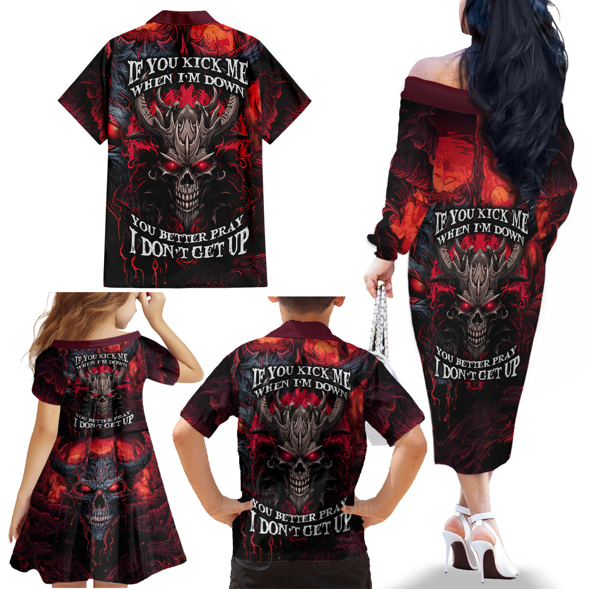 Demon Skull Family Matching Off Shoulder Long Sleeve Dress and Hawaiian Shirt You Better Pray I Don't Get Up - Wonder Print Shop
