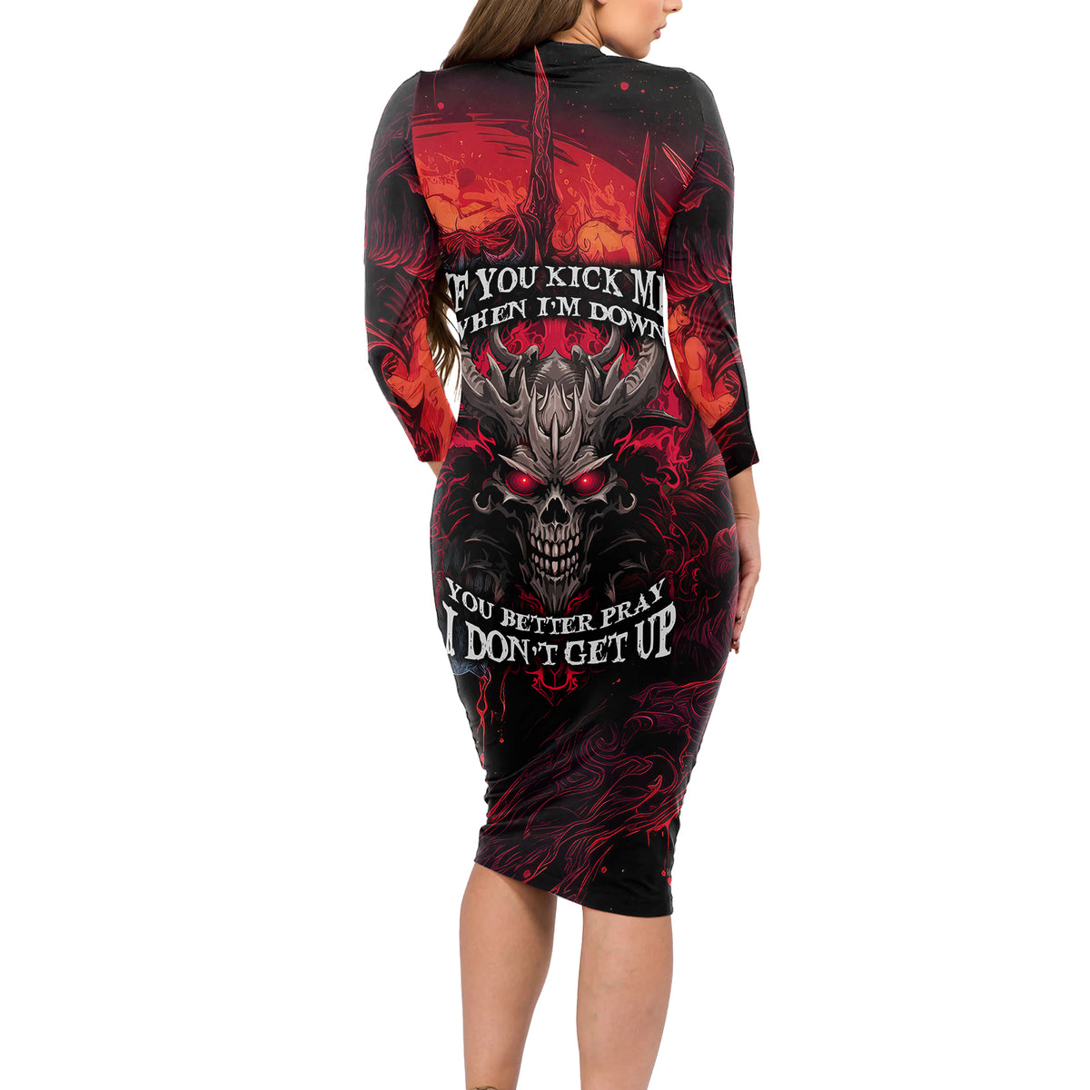 Demon Skull Long Sleeve Bodycon Dress You Better Pray I Don't Get Up - Wonder Print Shop