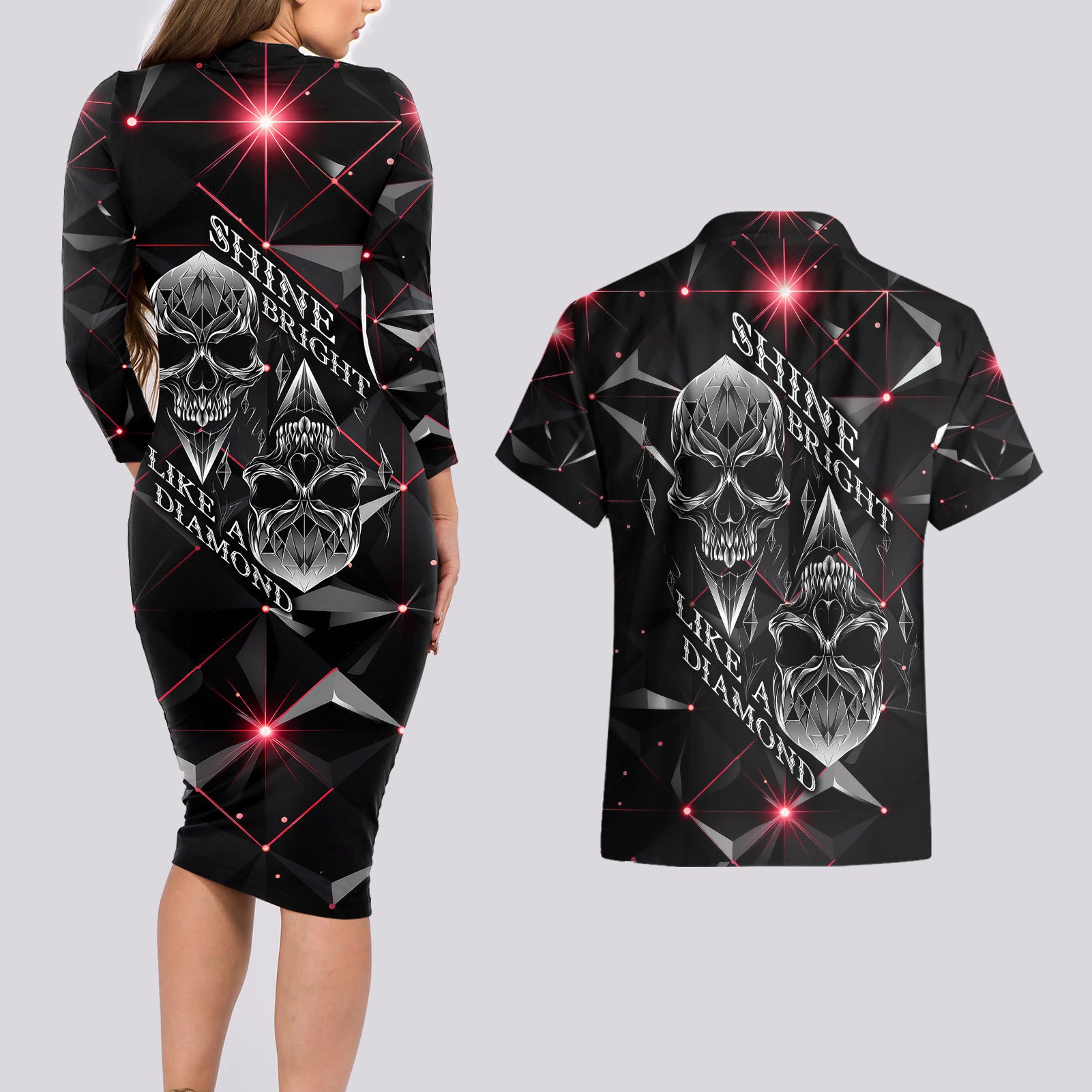 Diamond Skull Couples Matching Long Sleeve Bodycon Dress and Hawaiian Shirt Shine Bright Like Diamond - Wonder Print Shop