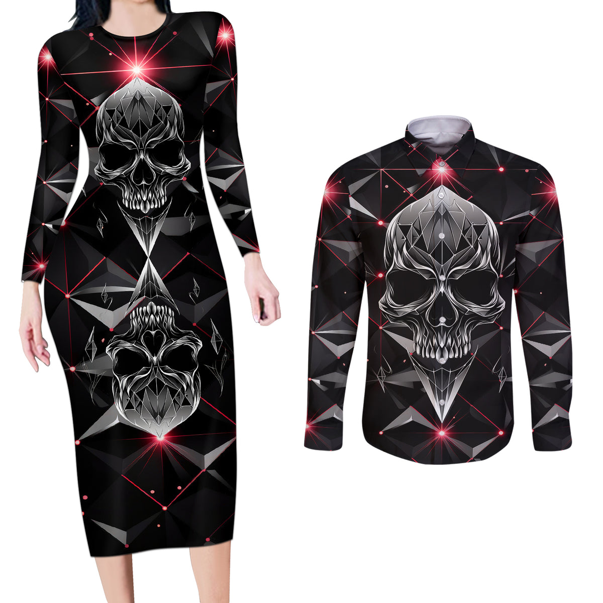 Diamond Skull Couples Matching Long Sleeve Bodycon Dress and Long Sleeve Button Shirts Shine Bright Like Diamond - Wonder Print Shop