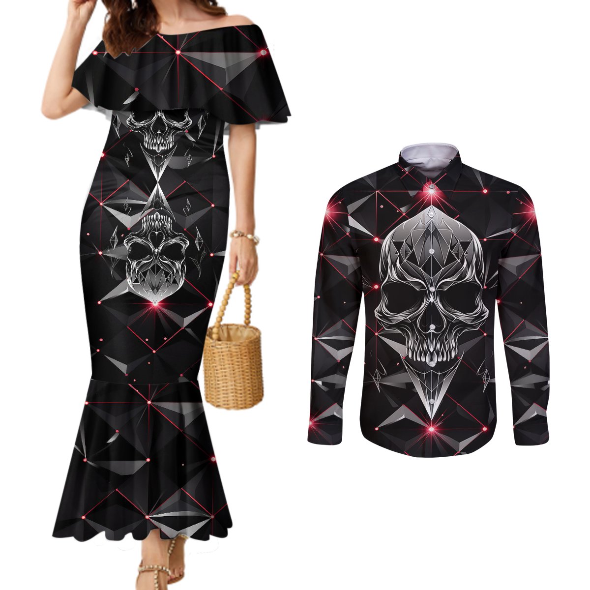 diamond-skull-couples-matching-mermaid-dress-and-long-sleeve-button-shirts-shine-bright-like-diamond