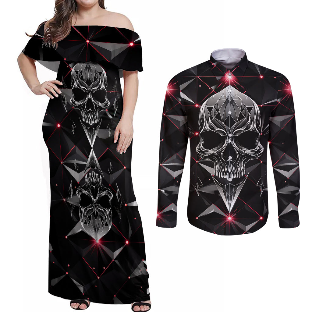 Diamond Skull Couples Matching Off Shoulder Maxi Dress and Long Sleeve Button Shirts Shine Bright Like Diamond - Wonder Print Shop