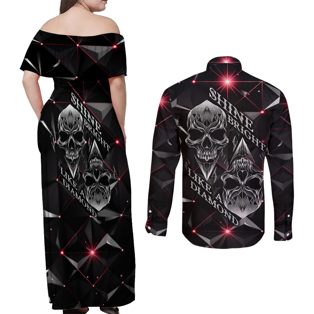 Diamond Skull Couples Matching Off Shoulder Maxi Dress and Long Sleeve Button Shirts Shine Bright Like Diamond - Wonder Print Shop