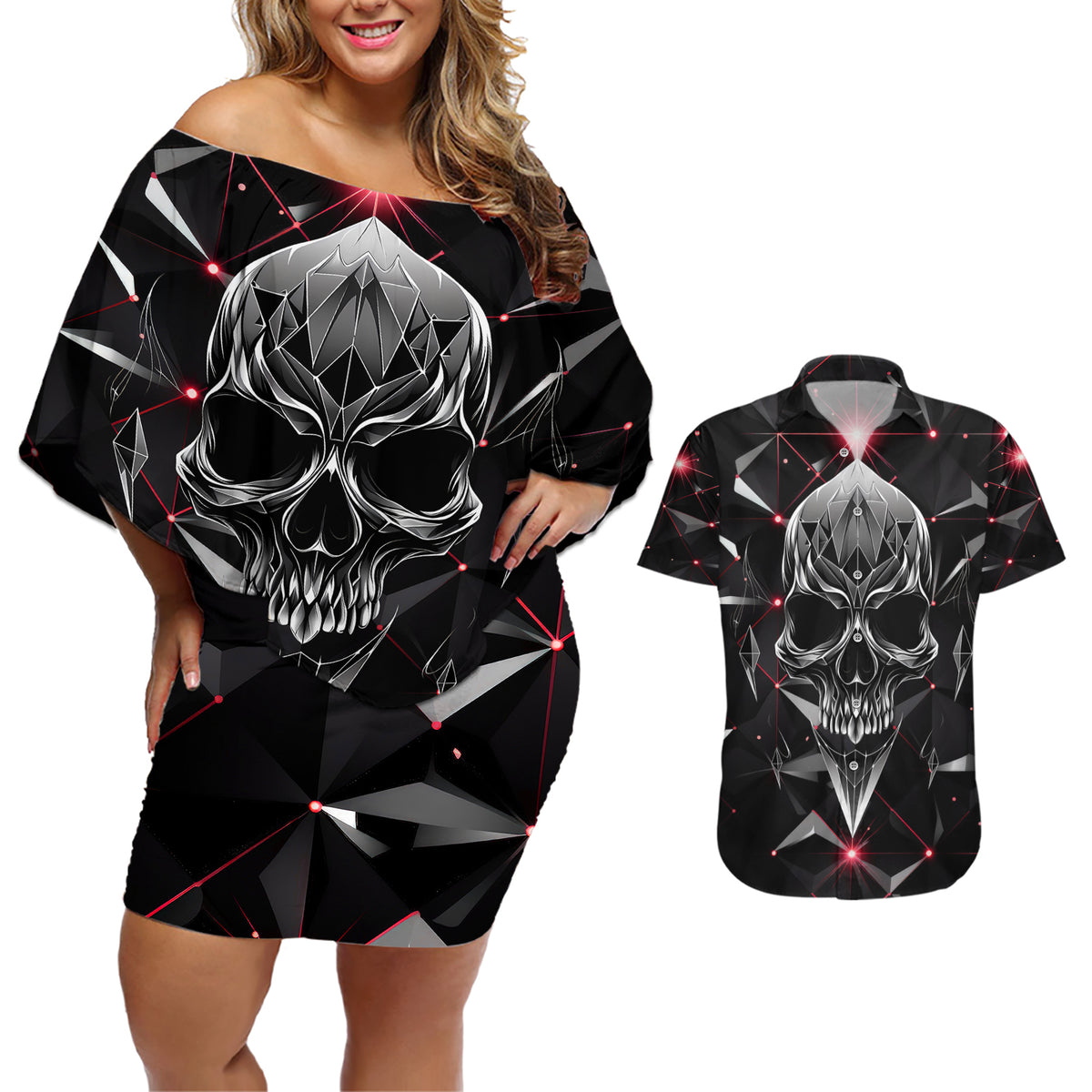 Diamond Skull Couples Matching Off Shoulder Short Dress and Hawaiian Shirt Shine Bright Like Diamond - Wonder Print Shop