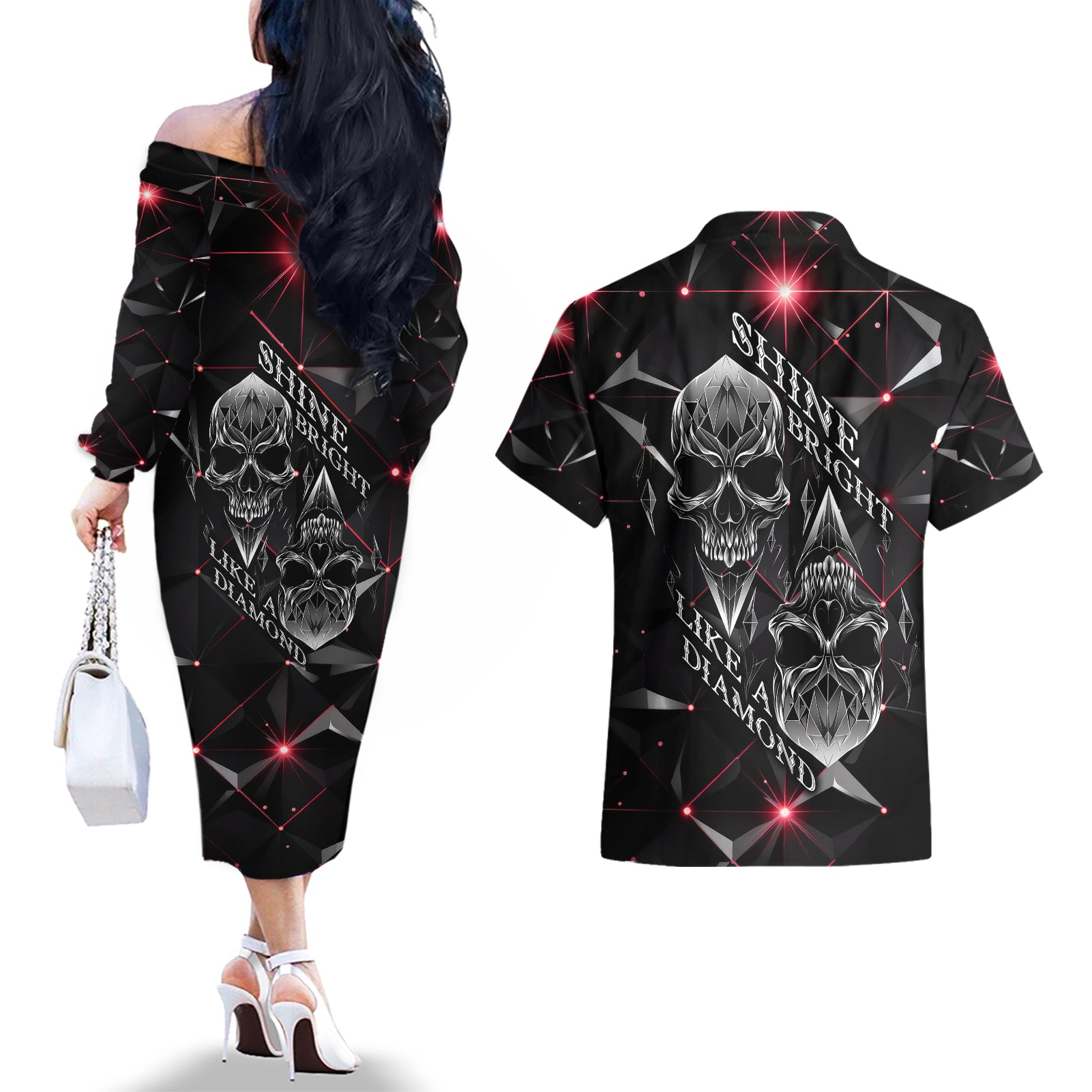 Diamond Skull Couples Matching Off The Shoulder Long Sleeve Dress and Hawaiian Shirt Shine Bright Like Diamond - Wonder Print Shop