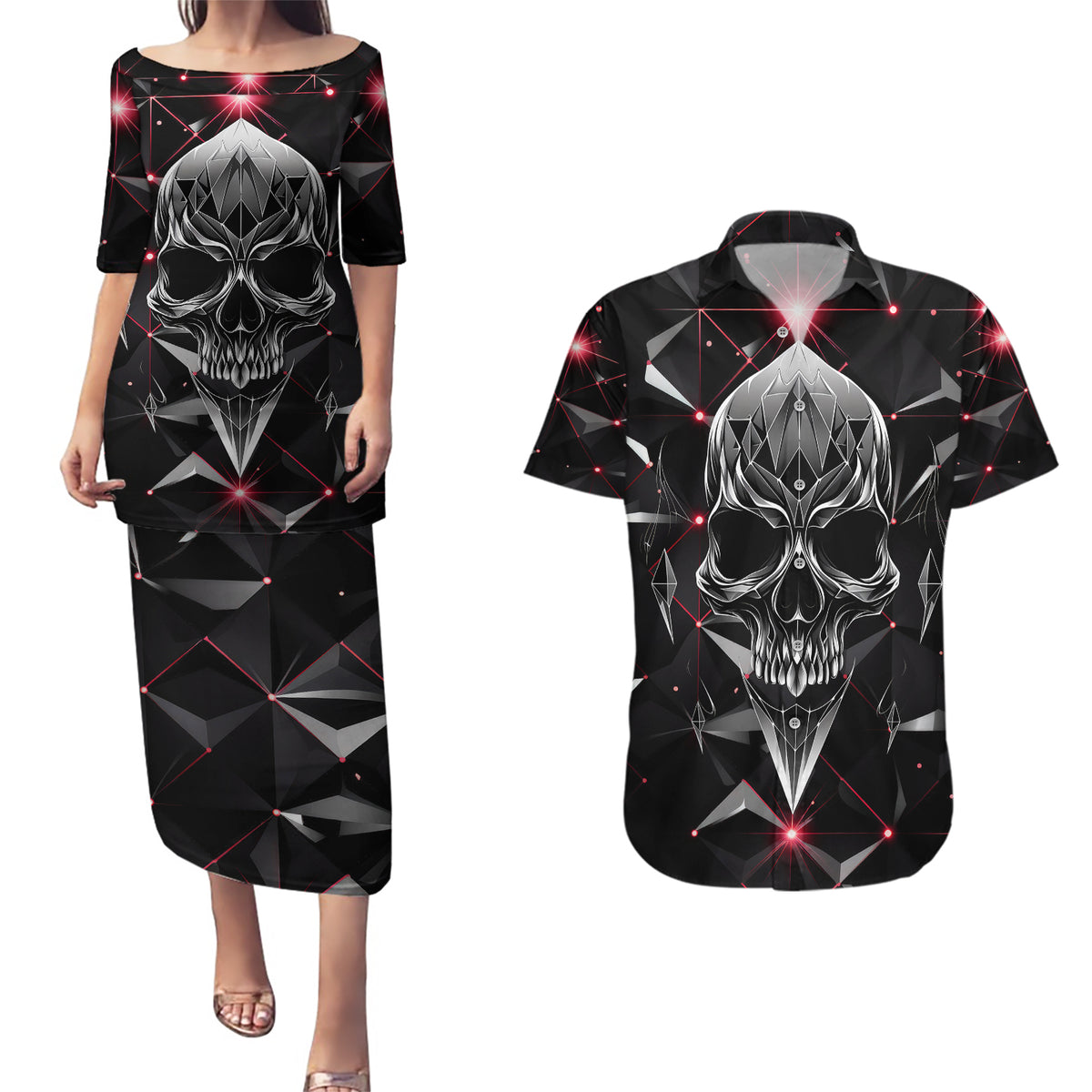 Diamond Skull Couples Matching Puletasi Dress and Hawaiian Shirt Shine Bright Like Diamond - Wonder Print Shop