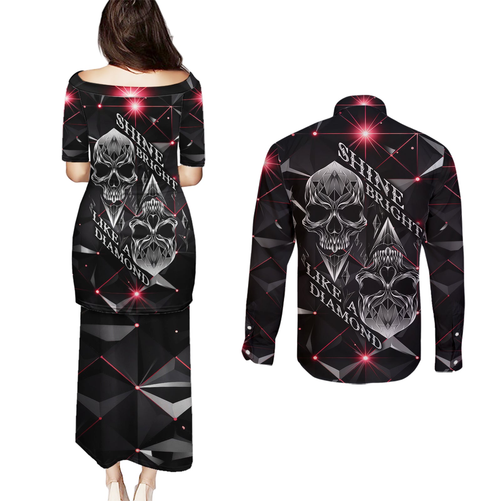Diamond Skull Couples Matching Puletasi Dress and Long Sleeve Button Shirts Shine Bright Like Diamond - Wonder Print Shop