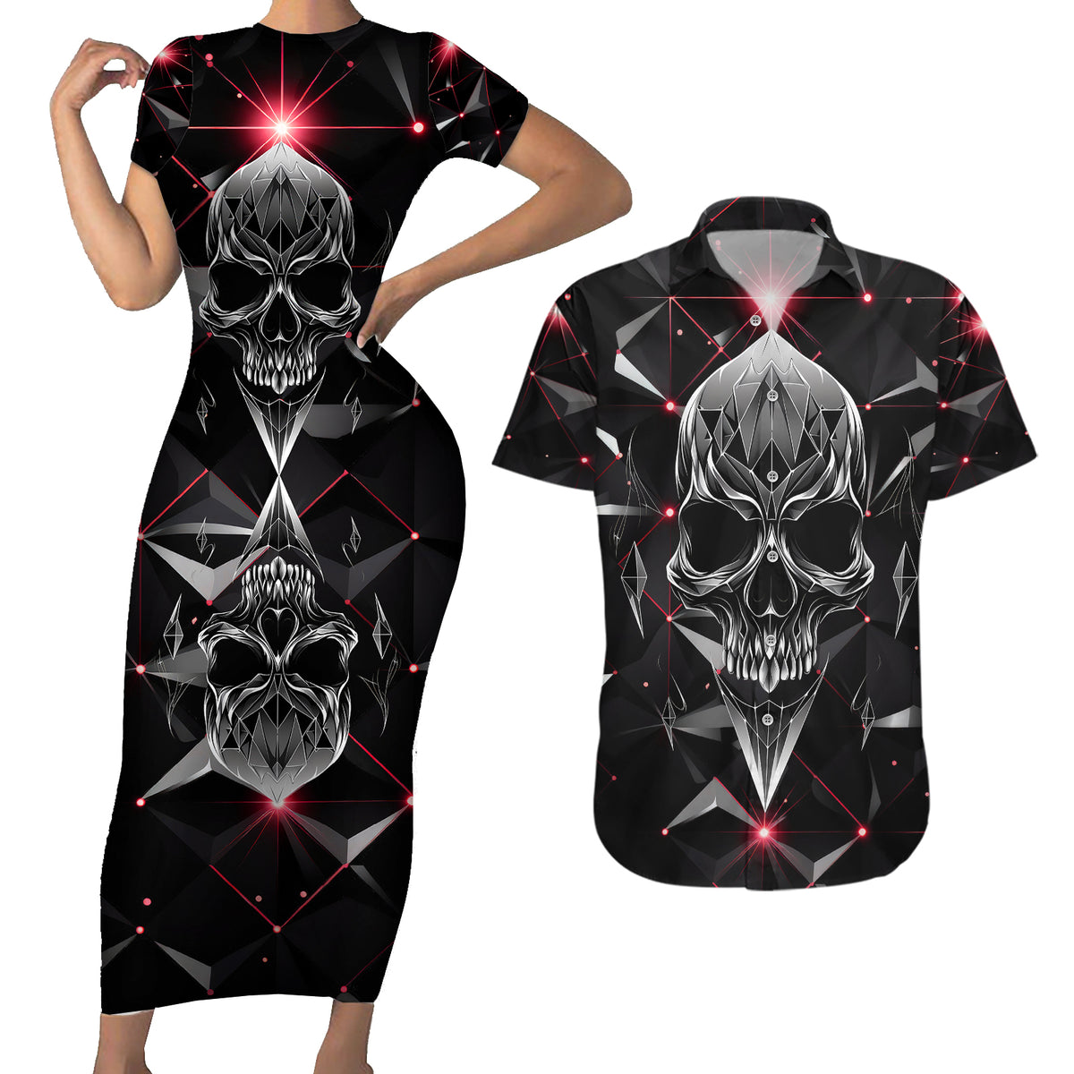 Diamond Skull Couples Matching Short Sleeve Bodycon Dress and Hawaiian Shirt Shine Bright Like Diamond - Wonder Print Shop