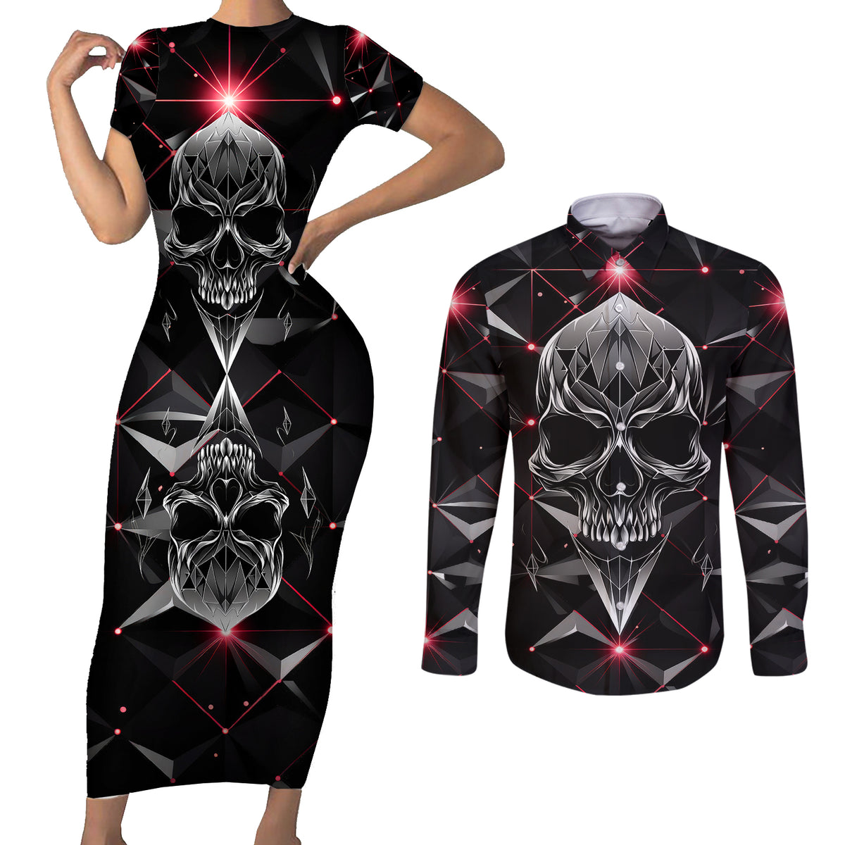 Diamond Skull Couples Matching Short Sleeve Bodycon Dress and Long Sleeve Button Shirts Shine Bright Like Diamond - Wonder Print Shop