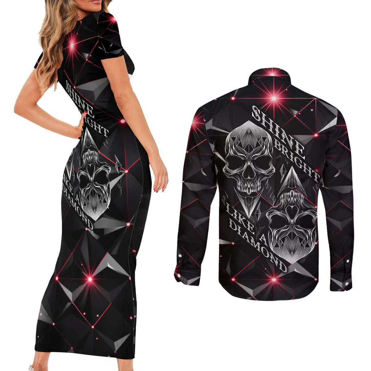 Diamond Skull Couples Matching Short Sleeve Bodycon Dress and Long Sleeve Button Shirts Shine Bright Like Diamond - Wonder Print Shop