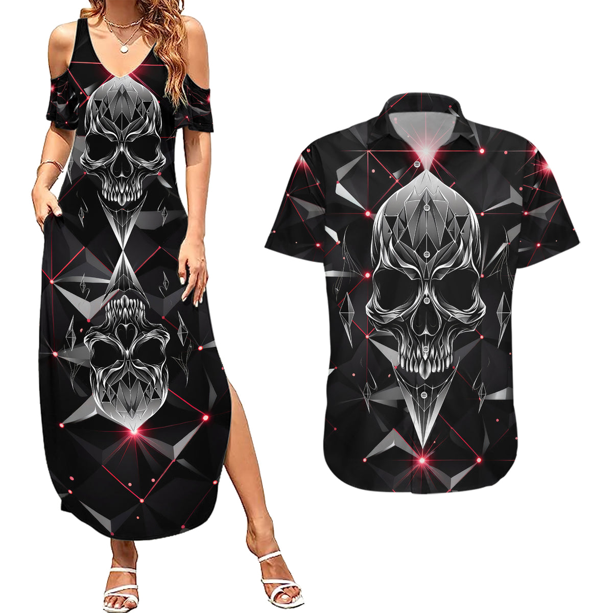 Diamond Skull Couples Matching Summer Maxi Dress and Hawaiian Shirt Shine Bright Like Diamond - Wonder Print Shop