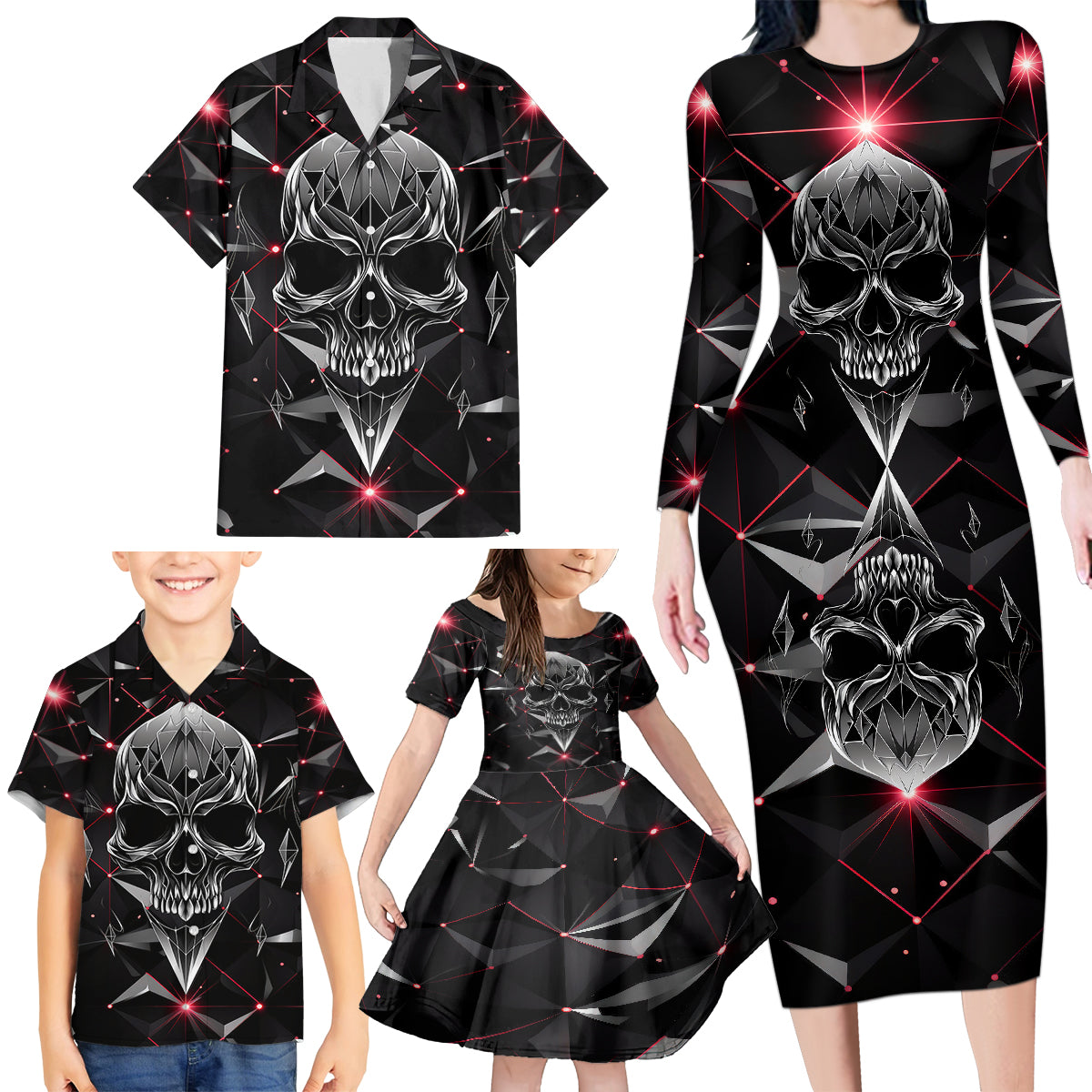 Diamond Skull Family Matching Long Sleeve Bodycon Dress and Hawaiian Shirt Shine Bright Like Diamond - Wonder Print Shop