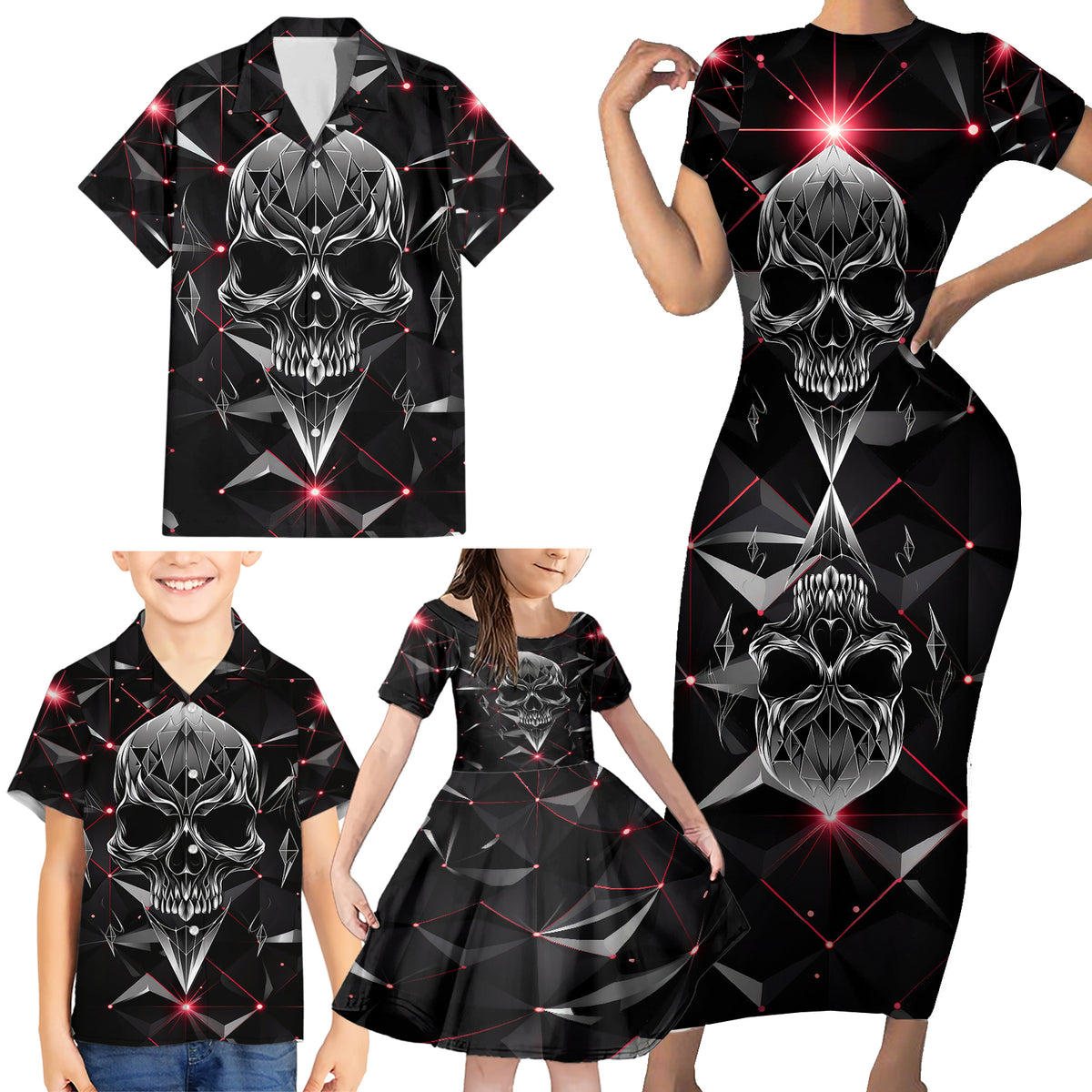 Diamond Skull Family Matching Short Sleeve Bodycon Dress and Hawaiian Shirt Shine Bright Like Diamond - Wonder Print Shop