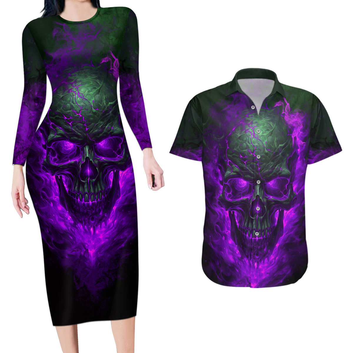 Horor Skull Couples Matching Long Sleeve Bodycon Dress and Hawaiian Shirt Welcome to the Dark side - Wonder Print Shop