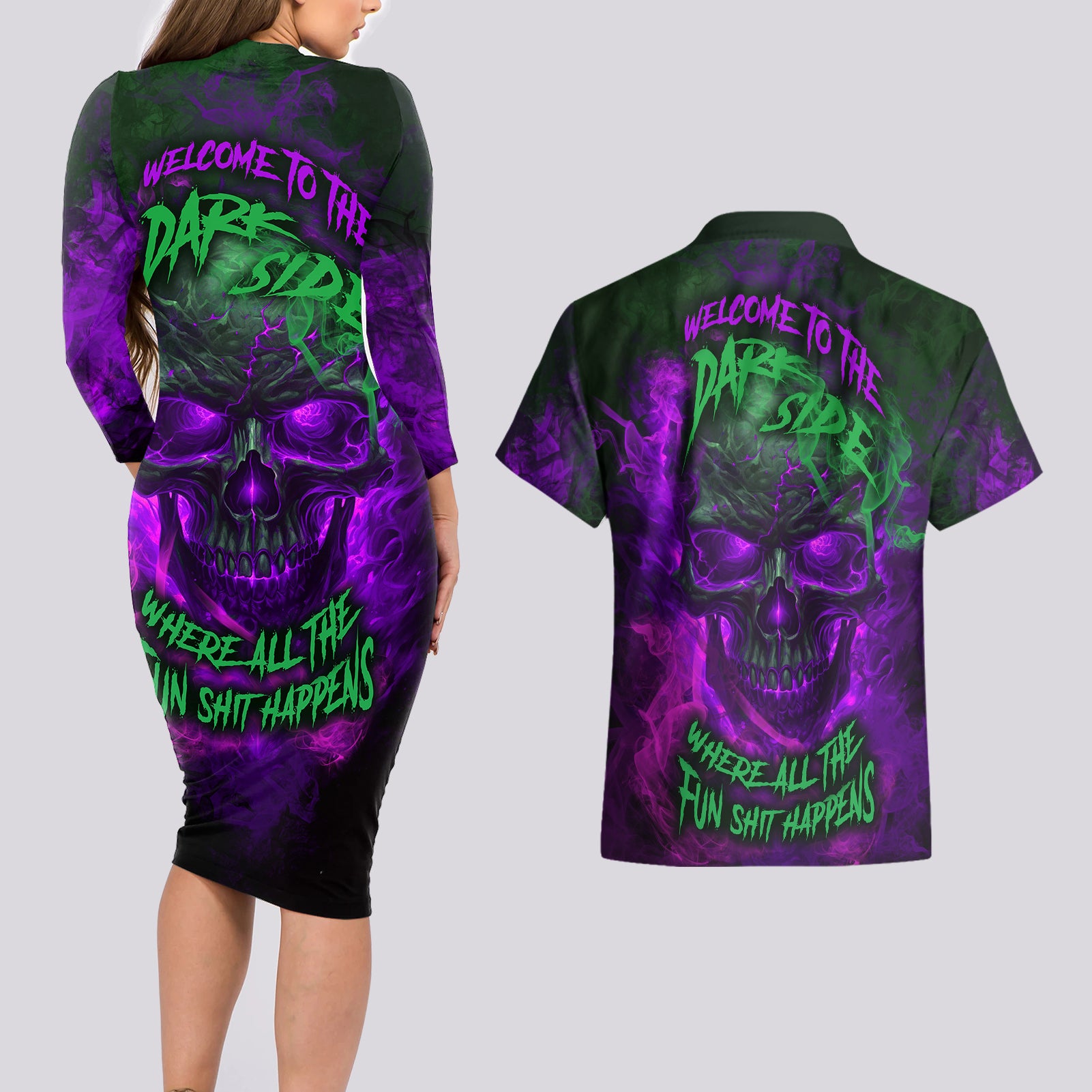 Horor Skull Couples Matching Long Sleeve Bodycon Dress and Hawaiian Shirt Welcome to the Dark side - Wonder Print Shop