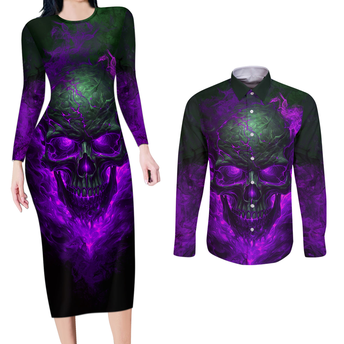 Horor Skull Couples Matching Long Sleeve Bodycon Dress and Long Sleeve Button Shirts Welcome to the Dark side - Wonder Print Shop