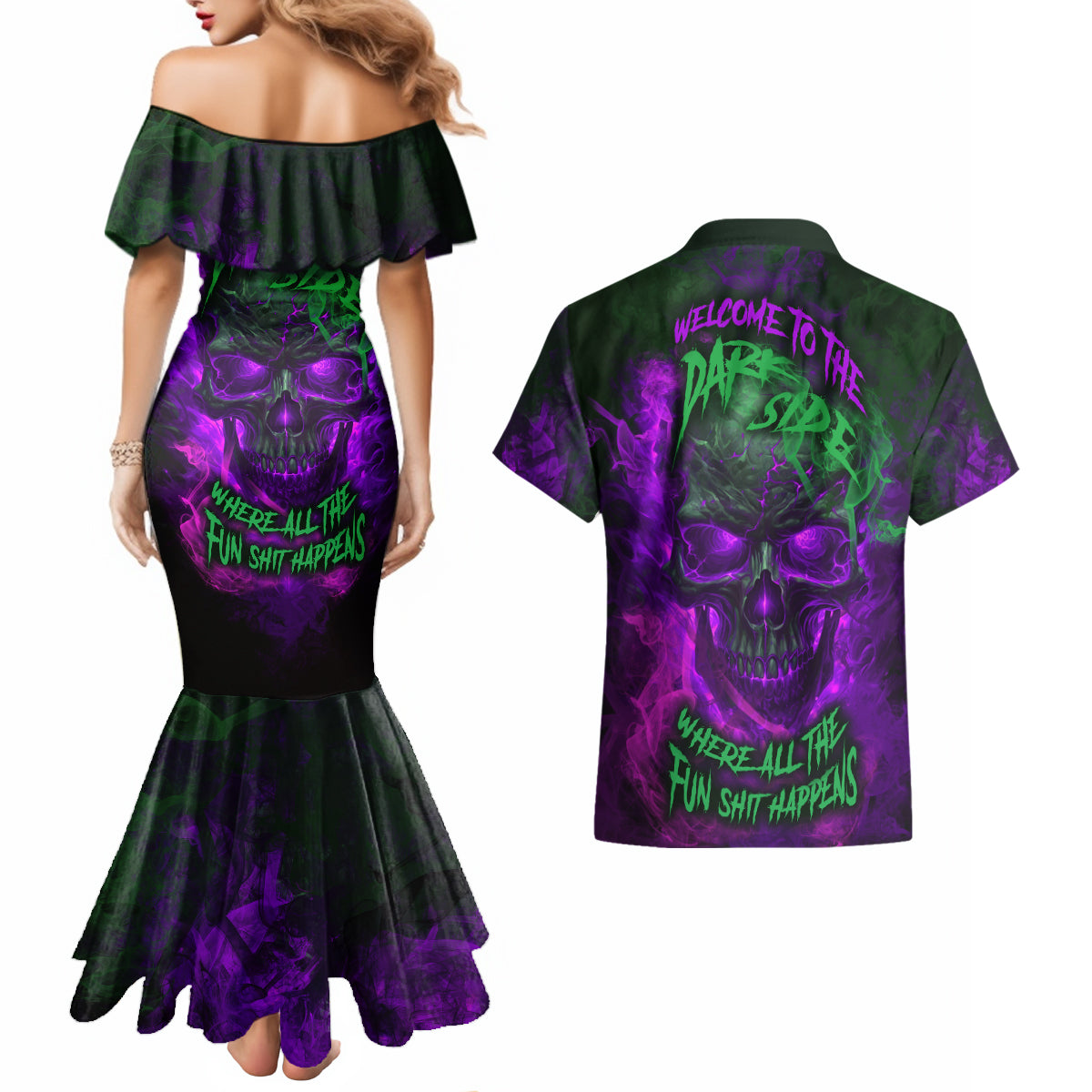 Horor Skull Couples Matching Mermaid Dress and Hawaiian Shirt Welcome to the Dark side - Wonder Print Shop