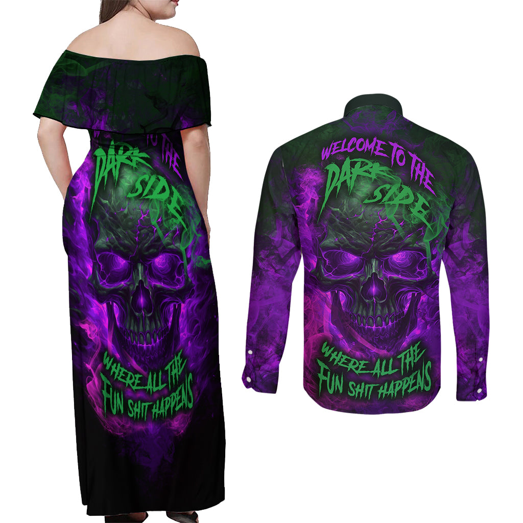 Horor Skull Couples Matching Off Shoulder Maxi Dress and Long Sleeve Button Shirts Welcome to the Dark side - Wonder Print Shop
