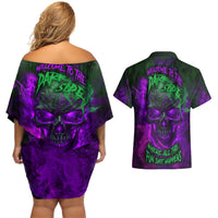Horor Skull Couples Matching Off Shoulder Short Dress and Hawaiian Shirt Welcome to the Dark side - Wonder Print Shop