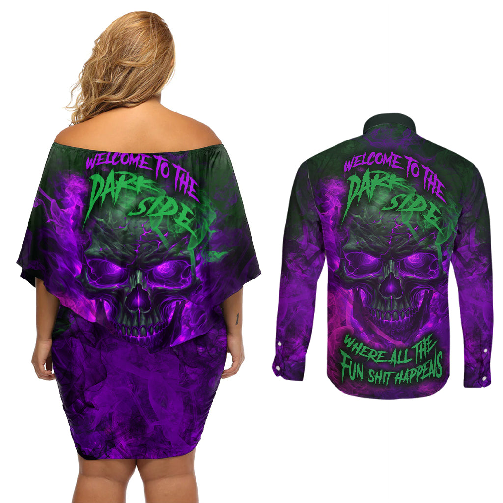 Horor Skull Couples Matching Off Shoulder Short Dress and Long Sleeve Button Shirts Welcome to the Dark side - Wonder Print Shop