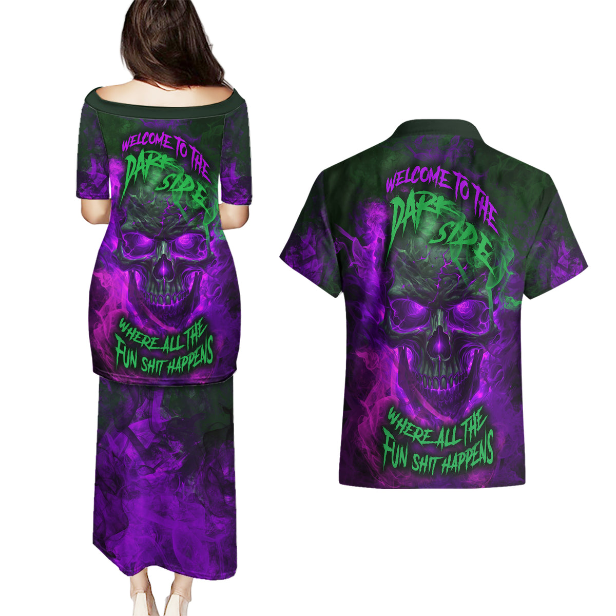 Horor Skull Couples Matching Puletasi Dress and Hawaiian Shirt Welcome to the Dark side - Wonder Print Shop