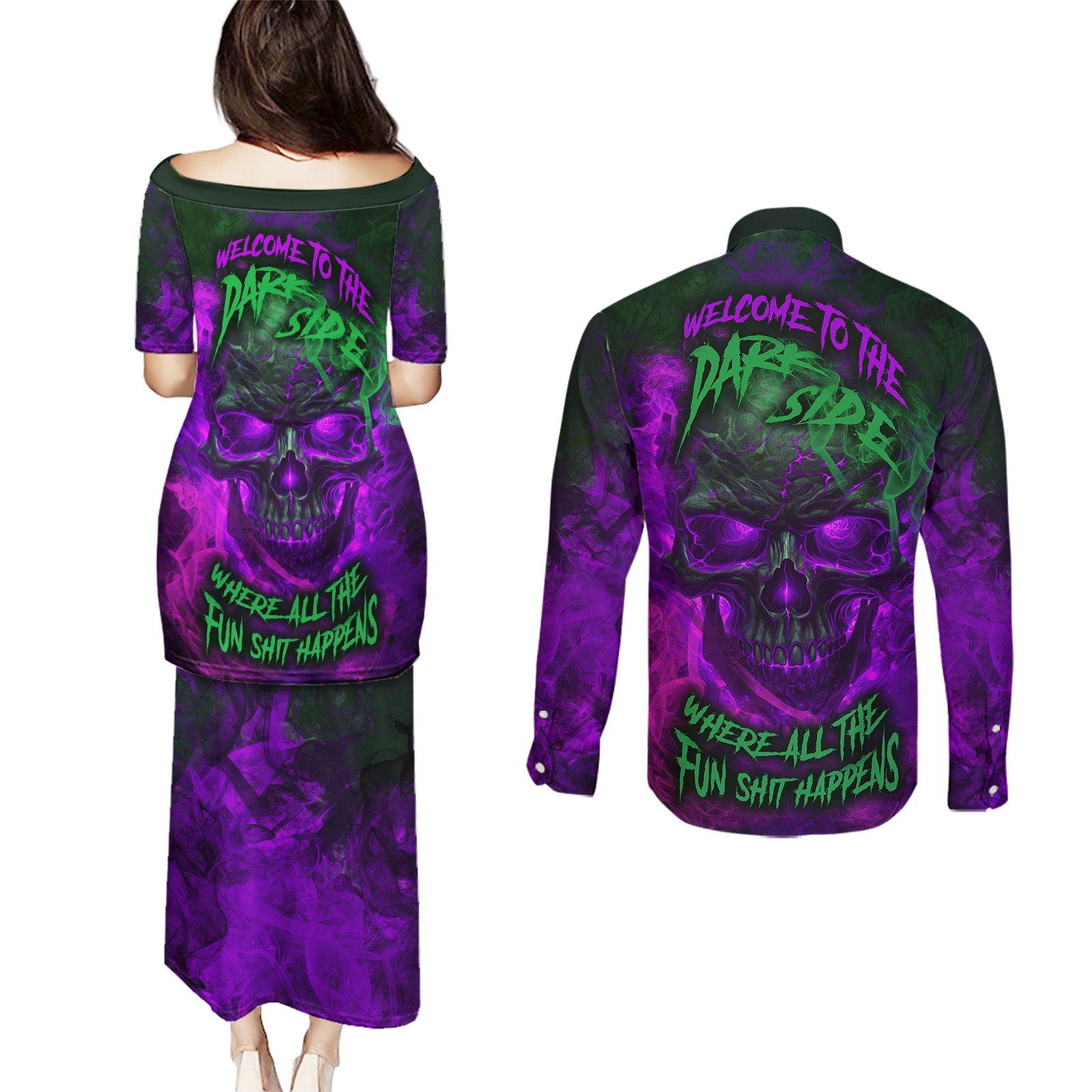Horor Skull Couples Matching Puletasi Dress and Long Sleeve Button Shirts Welcome to the Dark side - Wonder Print Shop