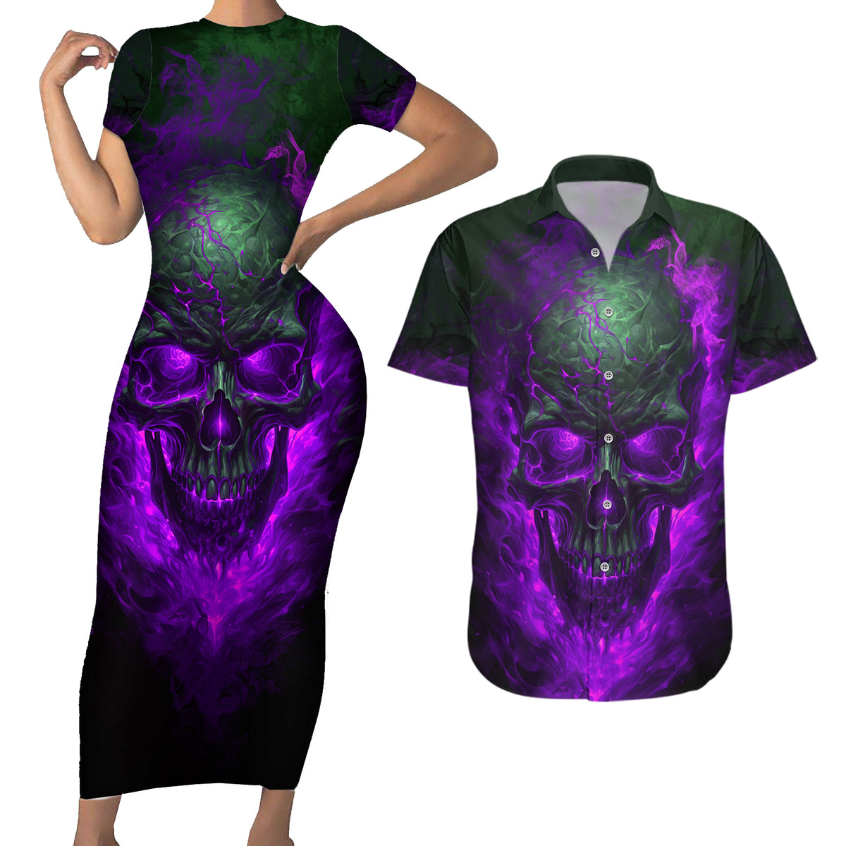 Horor Skull Couples Matching Short Sleeve Bodycon Dress and Hawaiian Shirt Welcome to the Dark side - Wonder Print Shop