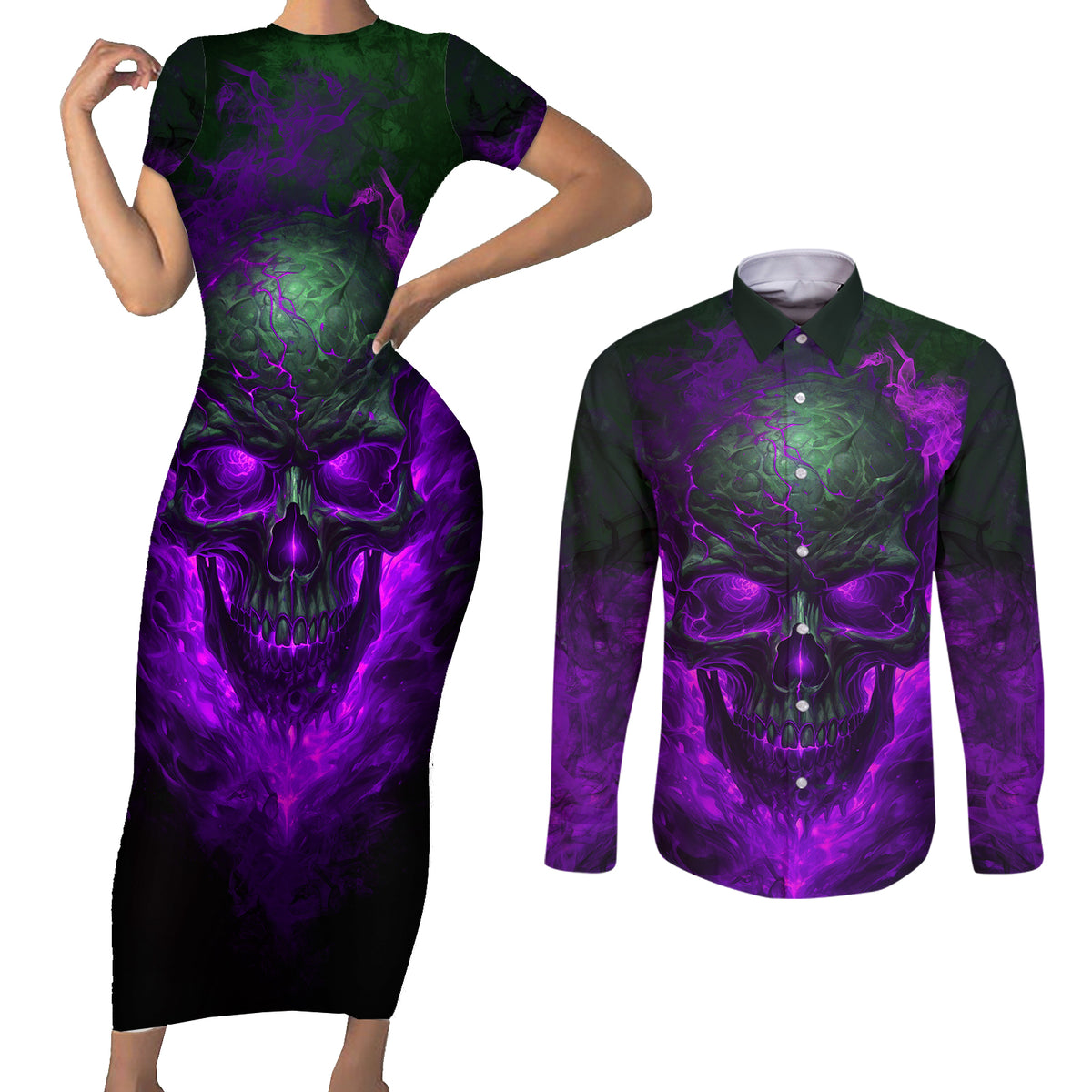 Horor Skull Couples Matching Short Sleeve Bodycon Dress and Long Sleeve Button Shirts Welcome to the Dark side - Wonder Print Shop