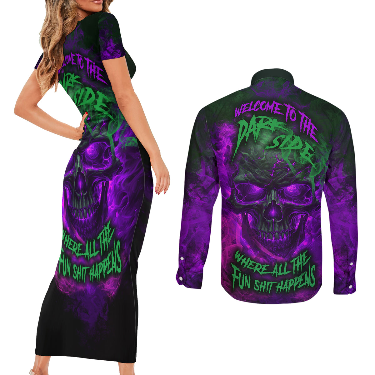 Horor Skull Couples Matching Short Sleeve Bodycon Dress and Long Sleeve Button Shirts Welcome to the Dark side - Wonder Print Shop