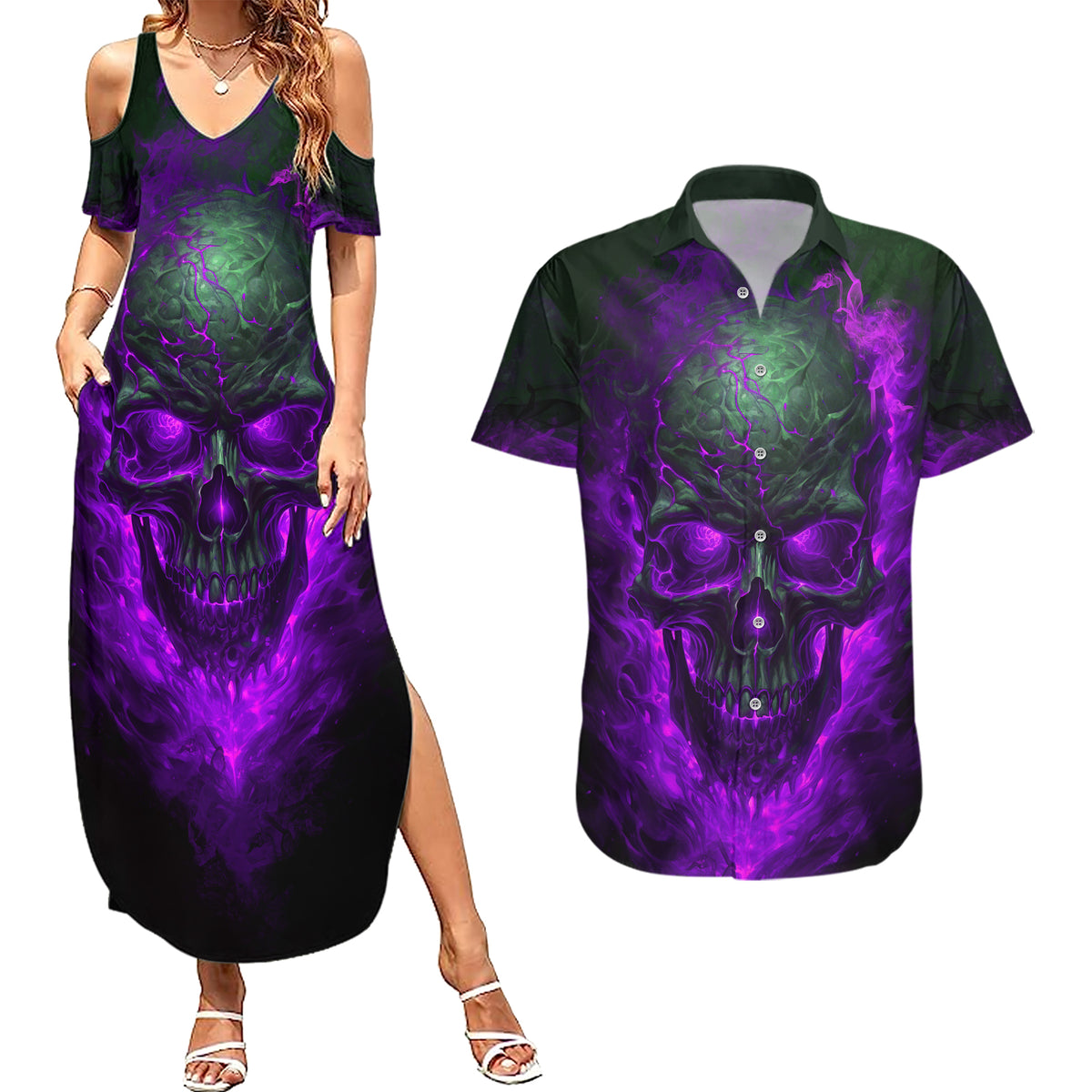 Horor Skull Couples Matching Summer Maxi Dress and Hawaiian Shirt Welcome to the Dark side - Wonder Print Shop