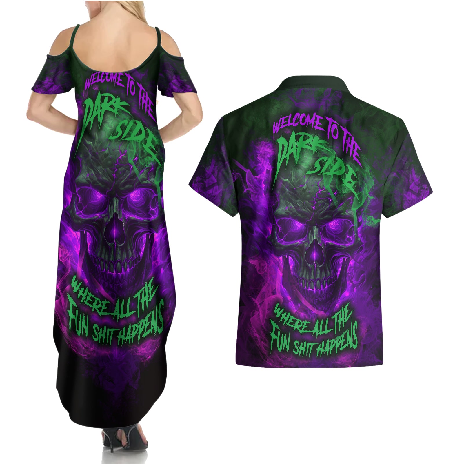 Horor Skull Couples Matching Summer Maxi Dress and Hawaiian Shirt Welcome to the Dark side - Wonder Print Shop