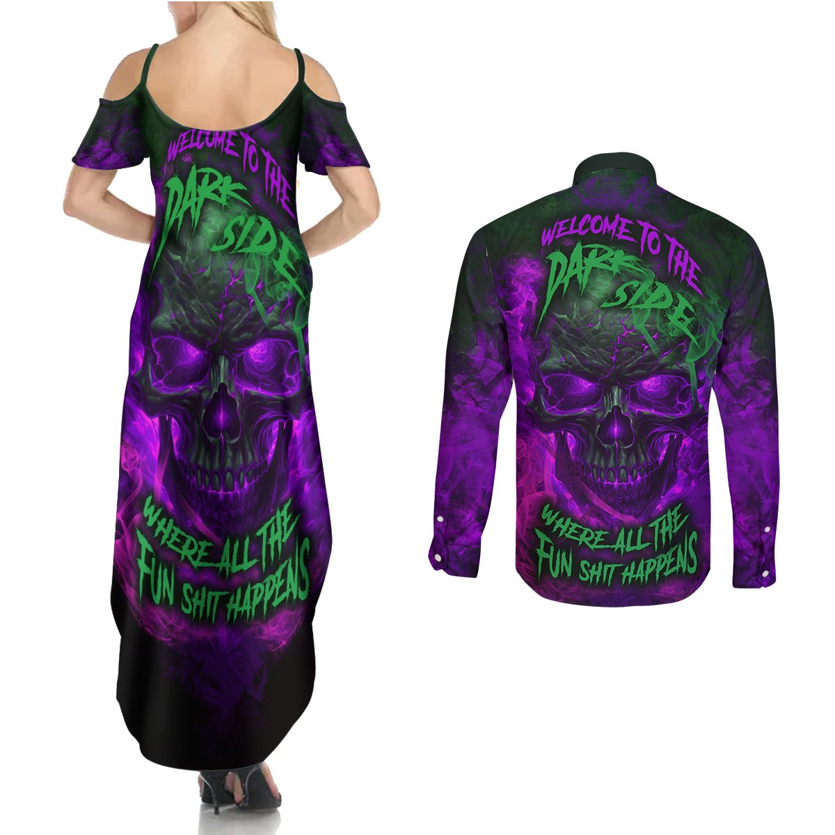 Horor Skull Couples Matching Summer Maxi Dress and Long Sleeve Button Shirts Welcome to the Dark side - Wonder Print Shop