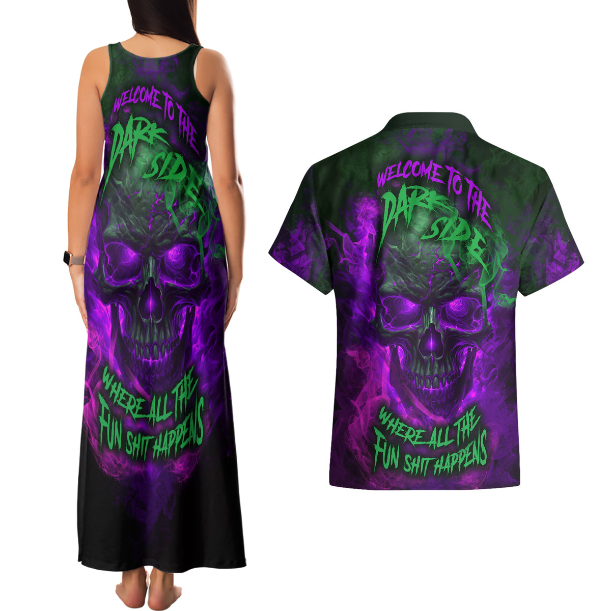 Horor Skull Couples Matching Tank Maxi Dress and Hawaiian Shirt Welcome to the Dark side - Wonder Print Shop