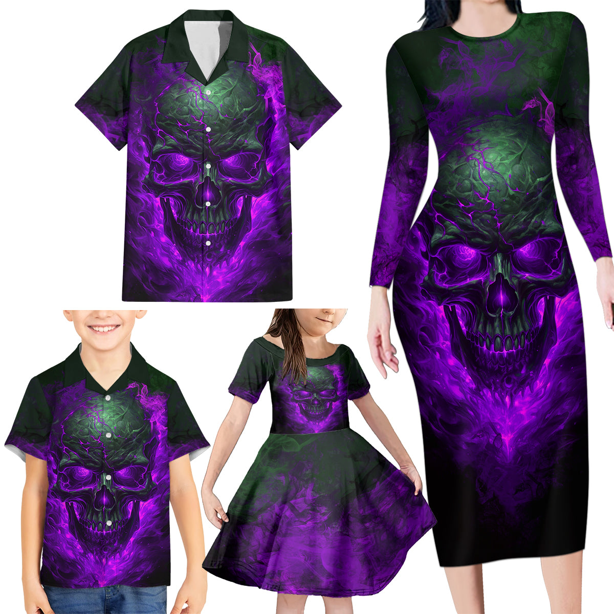 Horor Skull Family Matching Long Sleeve Bodycon Dress and Hawaiian Shirt Welcome to the Dark side - Wonder Print Shop