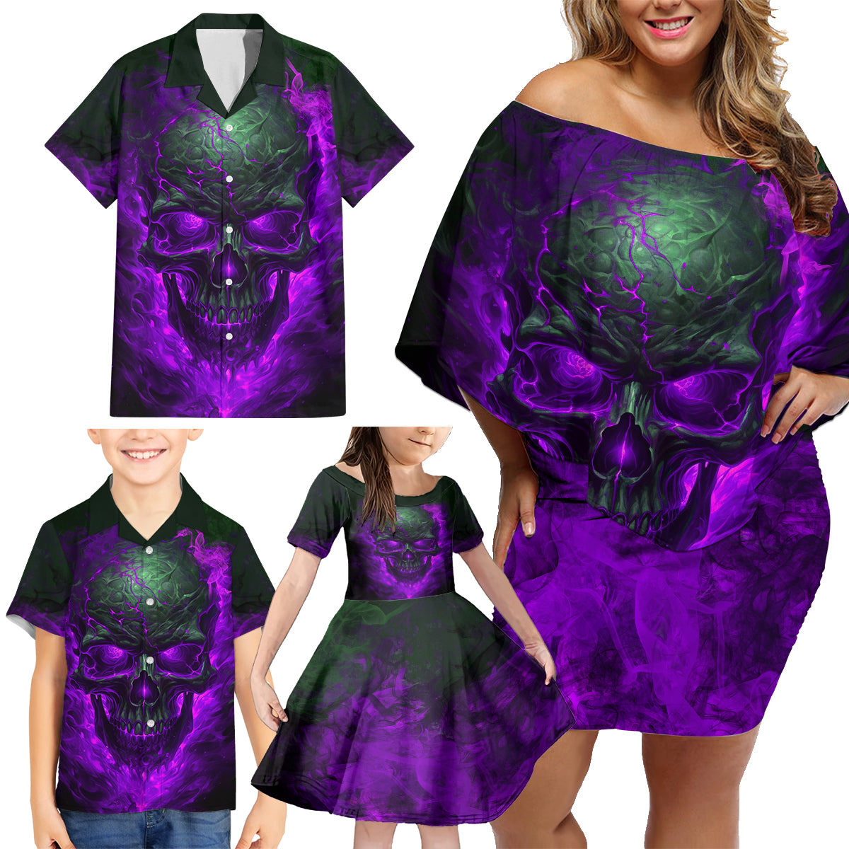 Horor Skull Family Matching Off Shoulder Short Dress and Hawaiian Shirt Welcome to the Dark side - Wonder Print Shop
